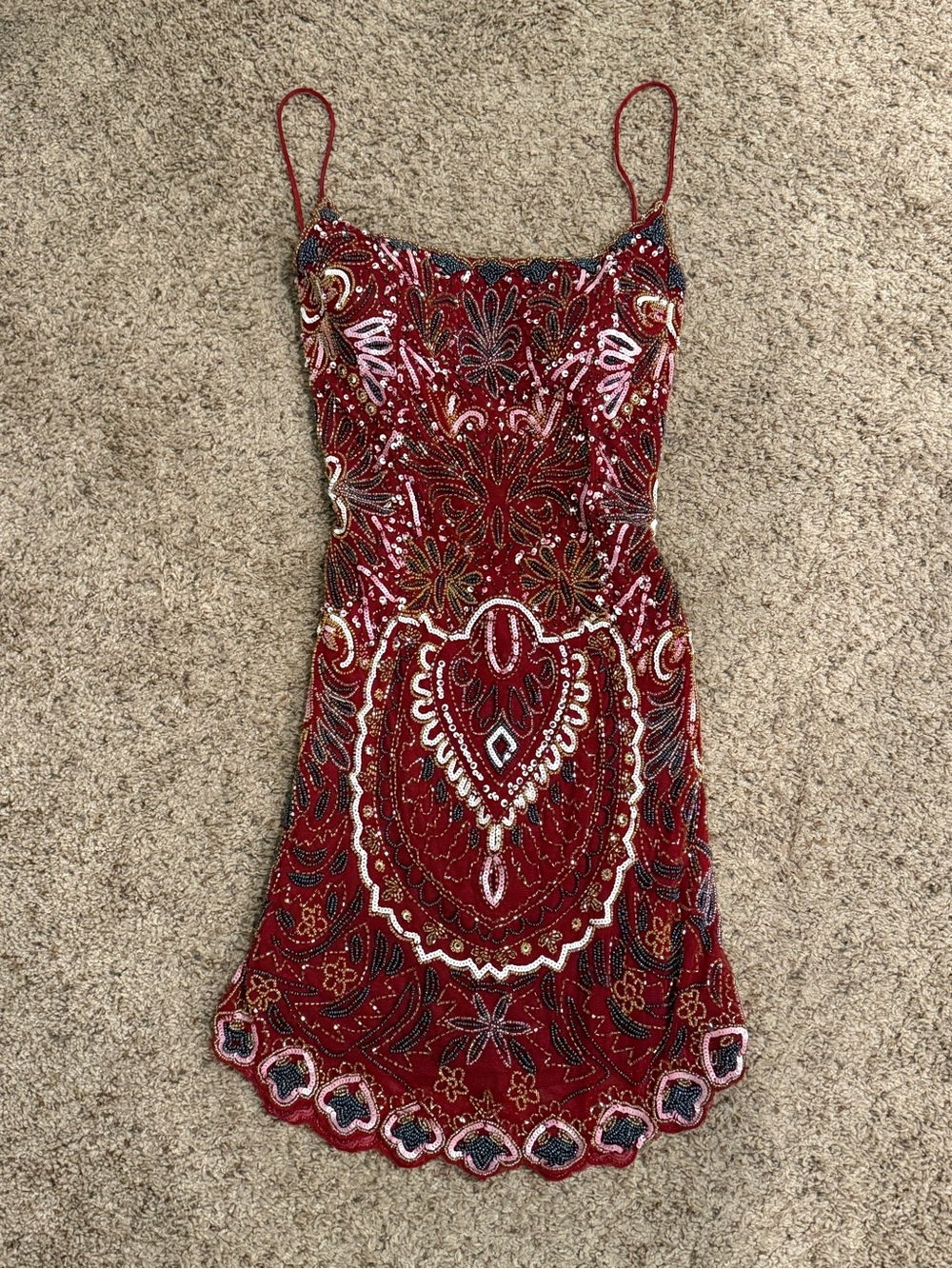Rachel Allan Size 0p Dark Red Beaded Spaghetti-Strap Mini Dress